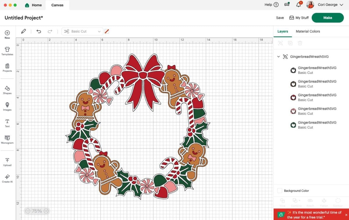 Cricut Design Space Screenshot: wreath with colors changed out