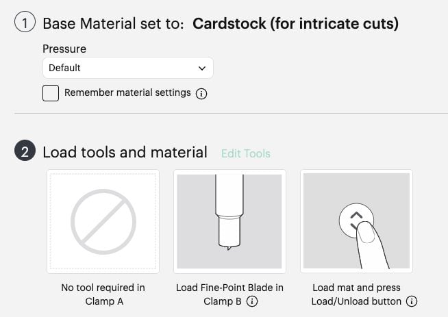 Cricut Design Space Screenshot: Intricate cardstock chosen as material