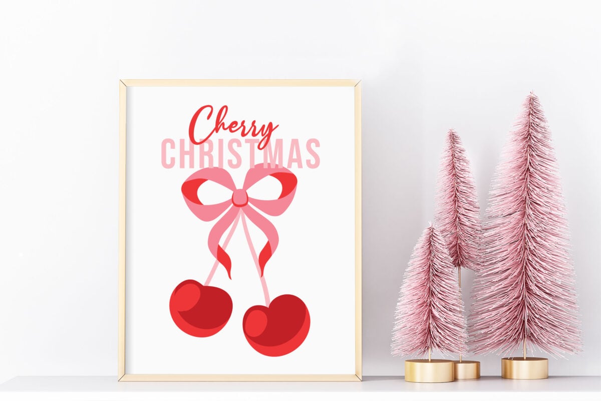 Cherry Christmas sublimation file in a frame with Christmas accessories