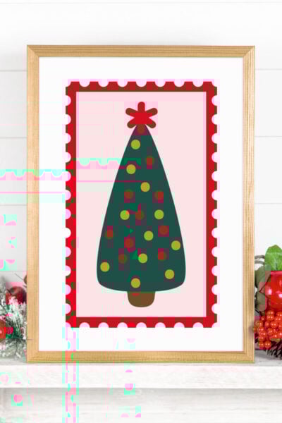 Christmas Tree Stamp SVG in a frame on a mantel with Christmas Decor