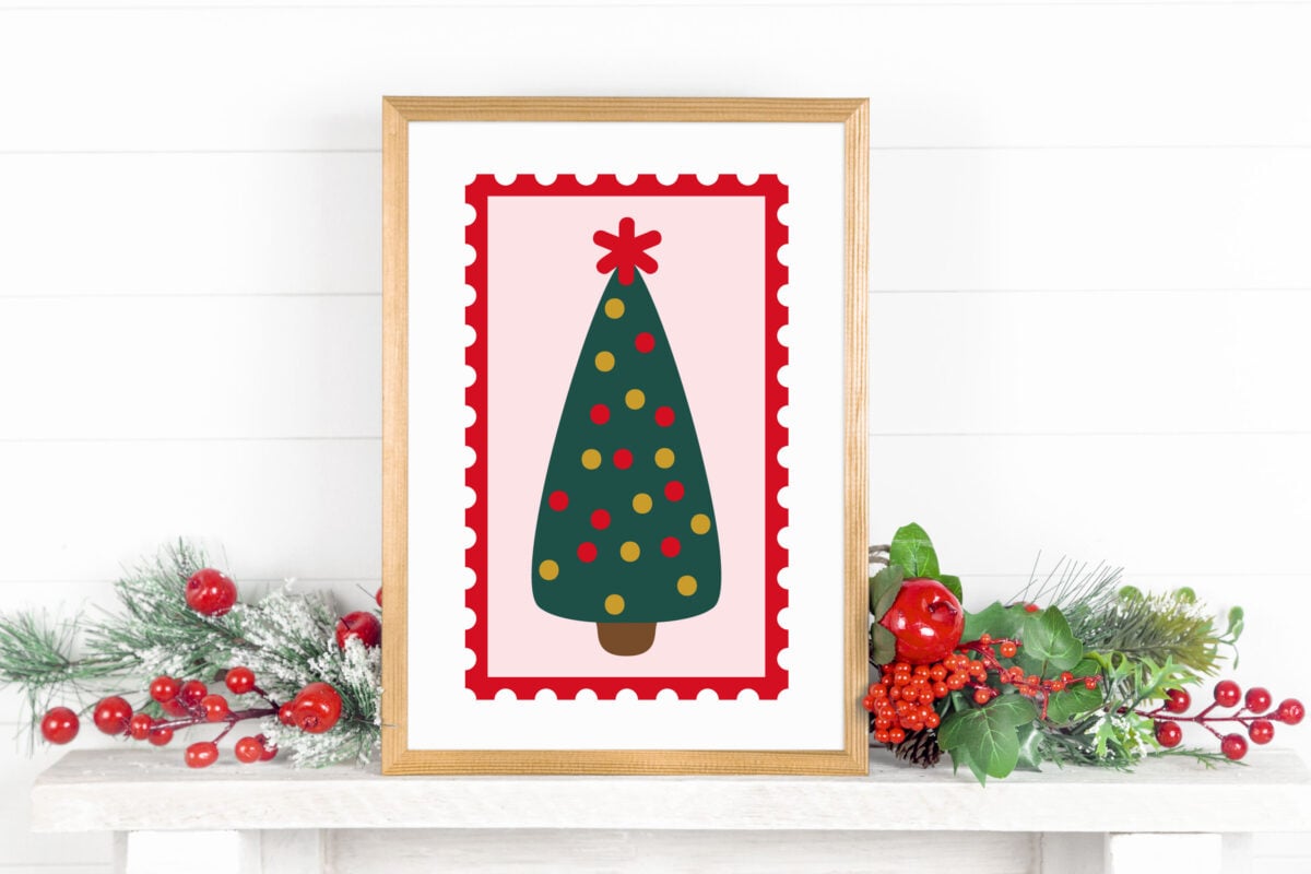 Christmas Tree Stamp SVG in a frame on a mantel with Christmas Decor