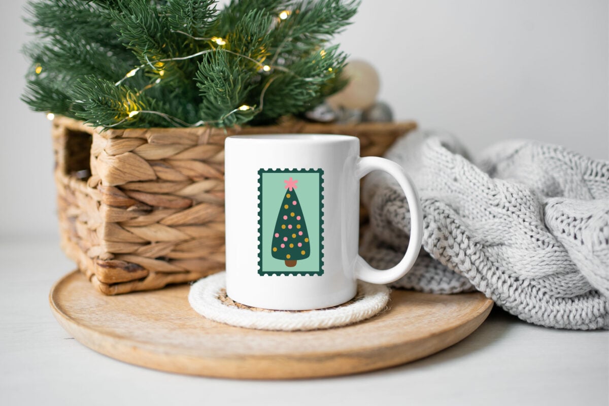 Christmas Tree Stamp SVG on a mug with Christmas Decor