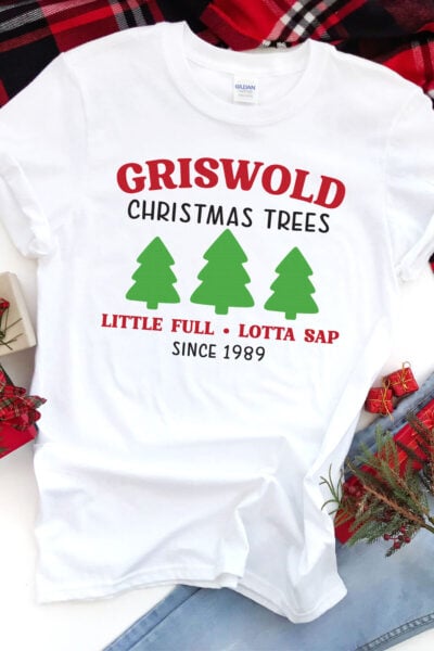 Griswold Christmas Trees SVG on a shirt with Christmas accessories