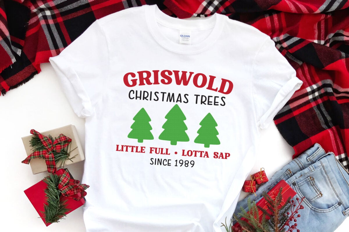 Griswold Christmas Trees SVG on a shirt with Christmas accessories