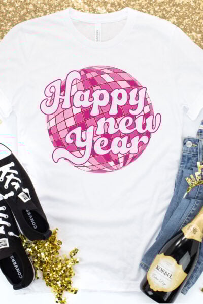 Disco Ball Happy New Year Sublimation File on a white tee with NYE accessories