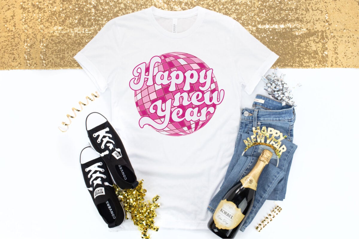 Disco Ball Happy New Year Sublimation File on a white tee with NYE accessories