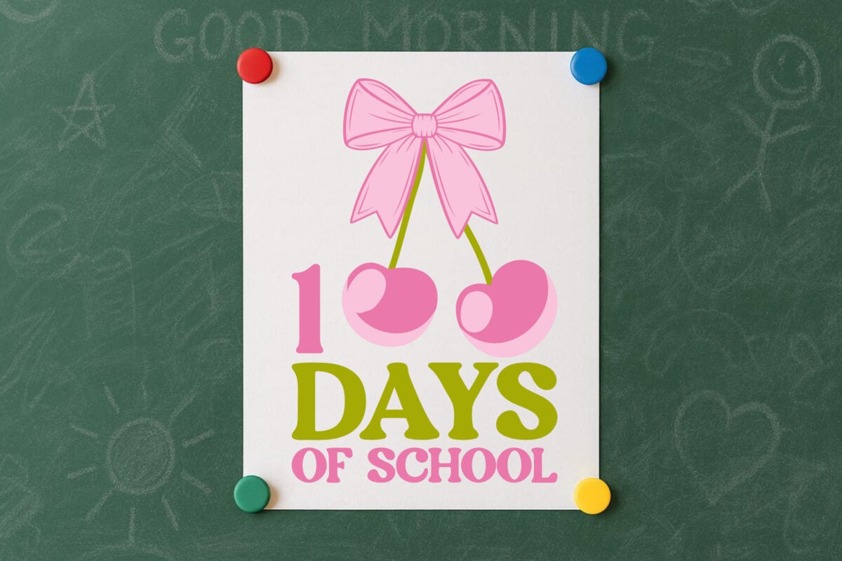 100 Days of School Cherry Sublimation File on a piece of paper on a magnetic chalkboard