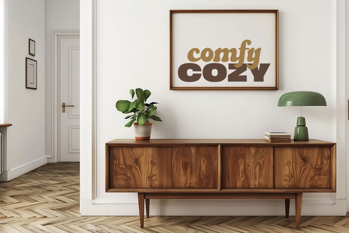 Comfy Cozy SVG in a frame on a wall styled with MCM furniture