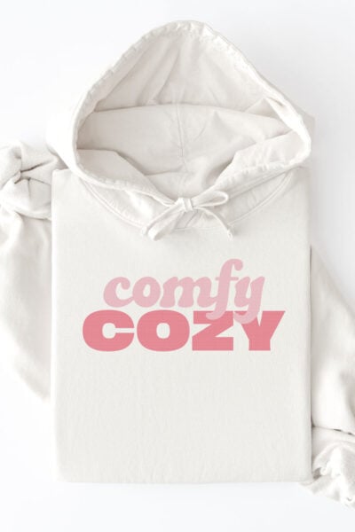 Comfy Cozy SVG on a white sweatshirt