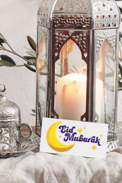 Eid Mubarak SVG on a card with middle eastern candles