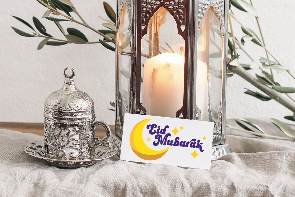 Eid Mubarak SVG on a card with middle eastern candles