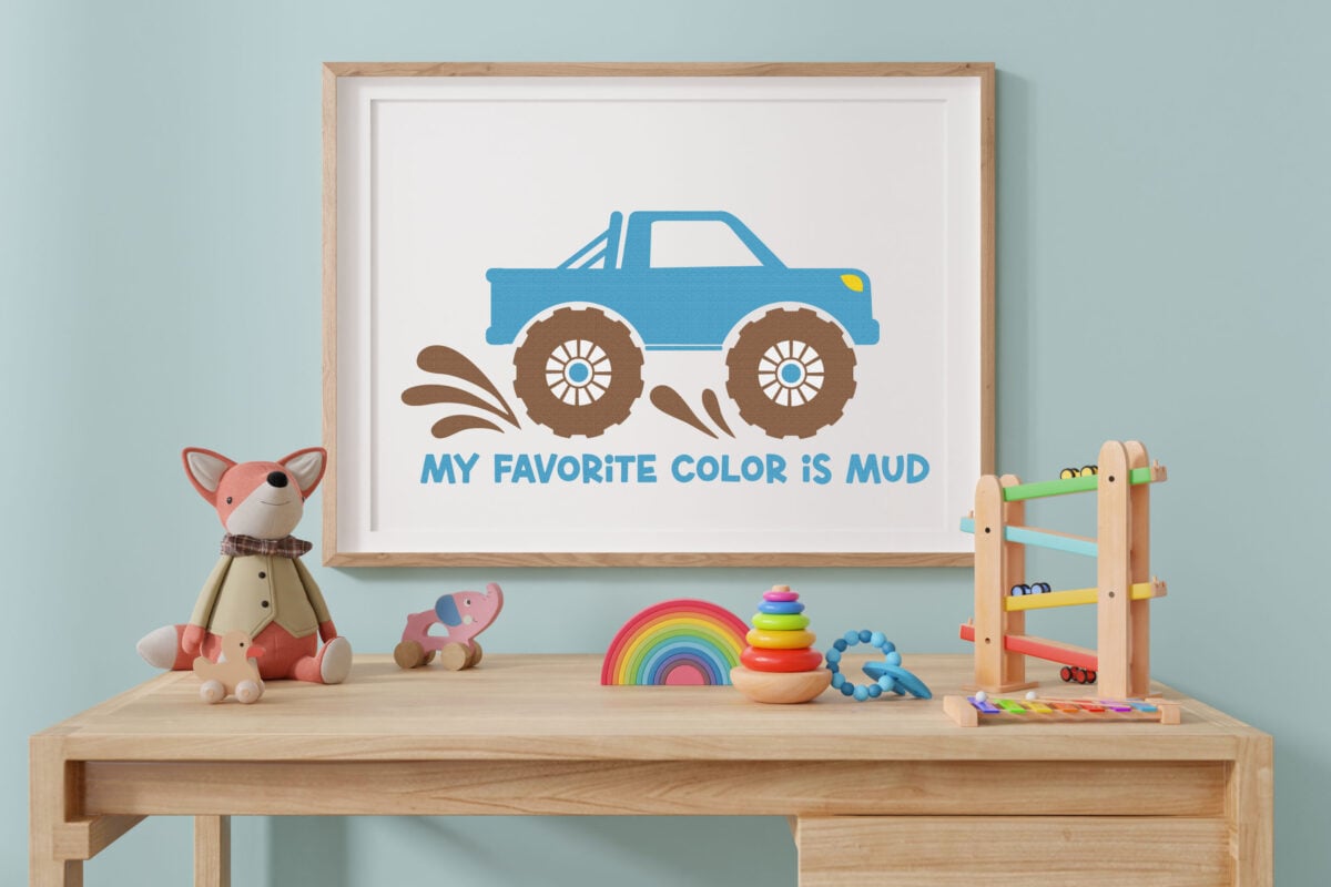 My Favorite Color is Mud Monster Truck SVG in a frame with toys