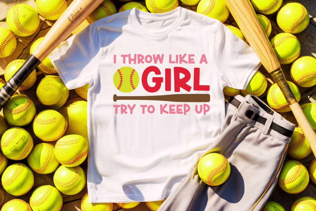 Softball SVG on a white tee surrounded by softballs