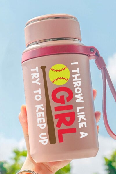 Softball SVG on a pink water bottle