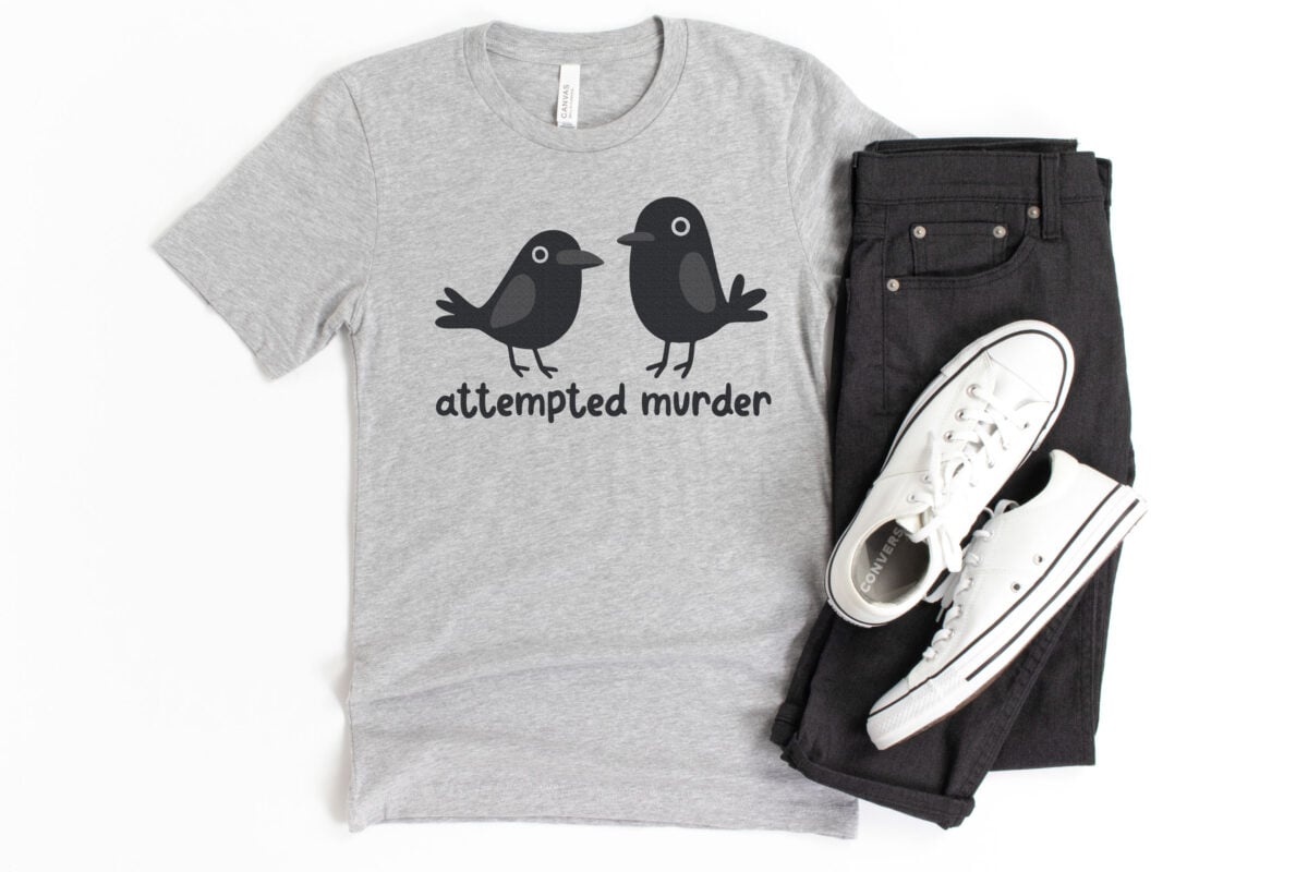 Crow SVG on a men's gray shirt with jeans