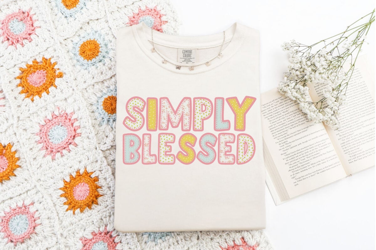 Simply Blessed sublimation file on a boho tee