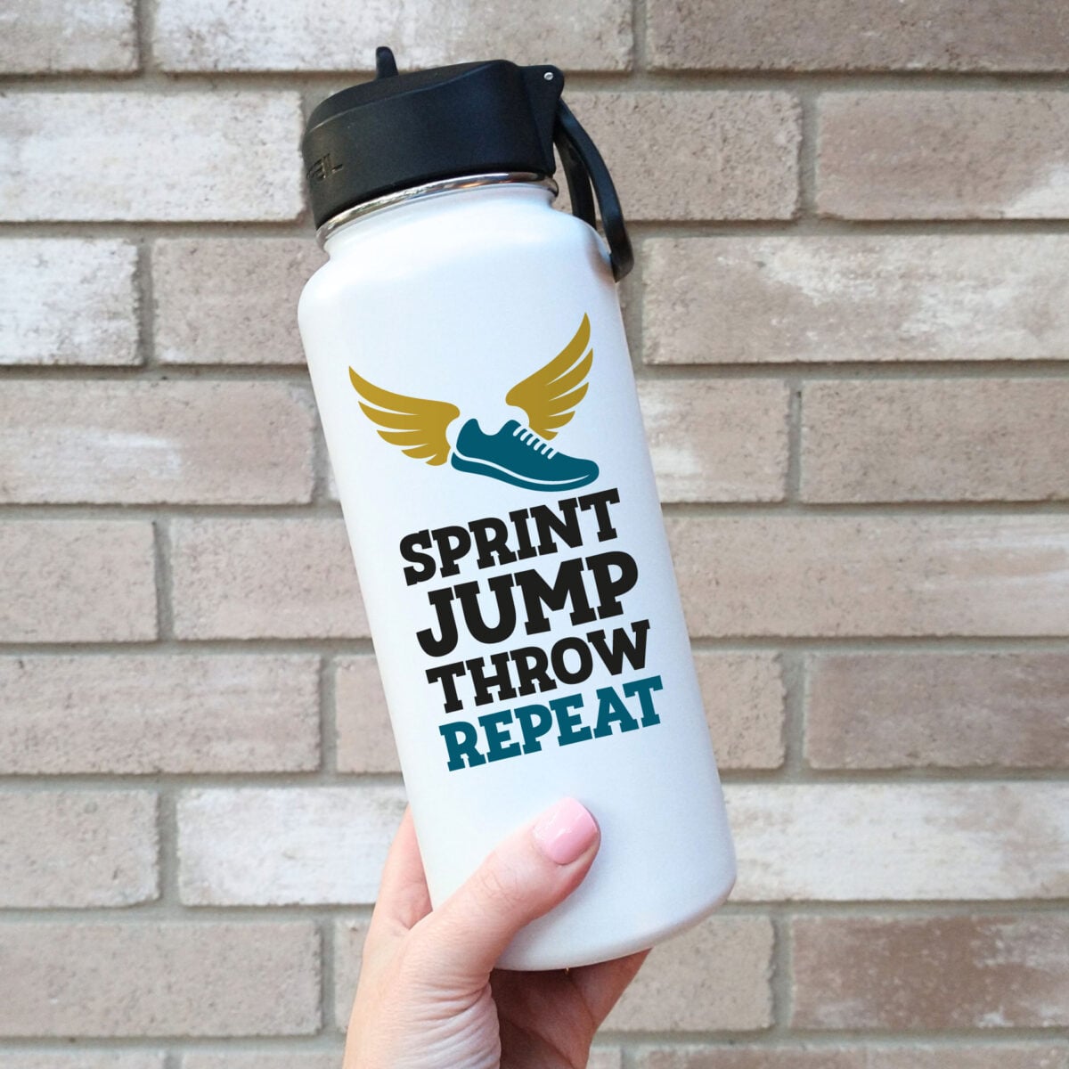 Track and Field SVG on a white water bottle