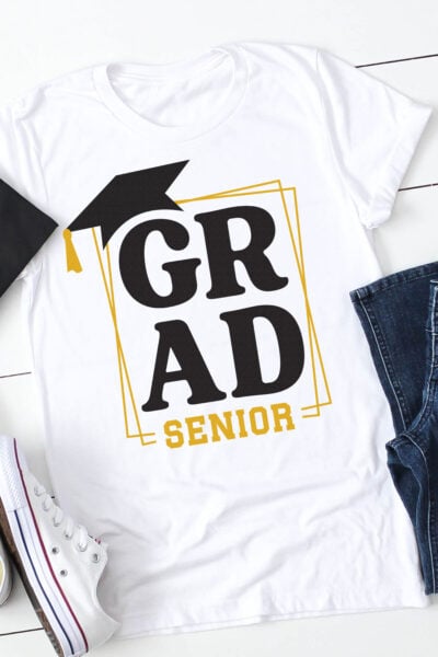 Grad Senior SVG on a white tee with a graduation hat