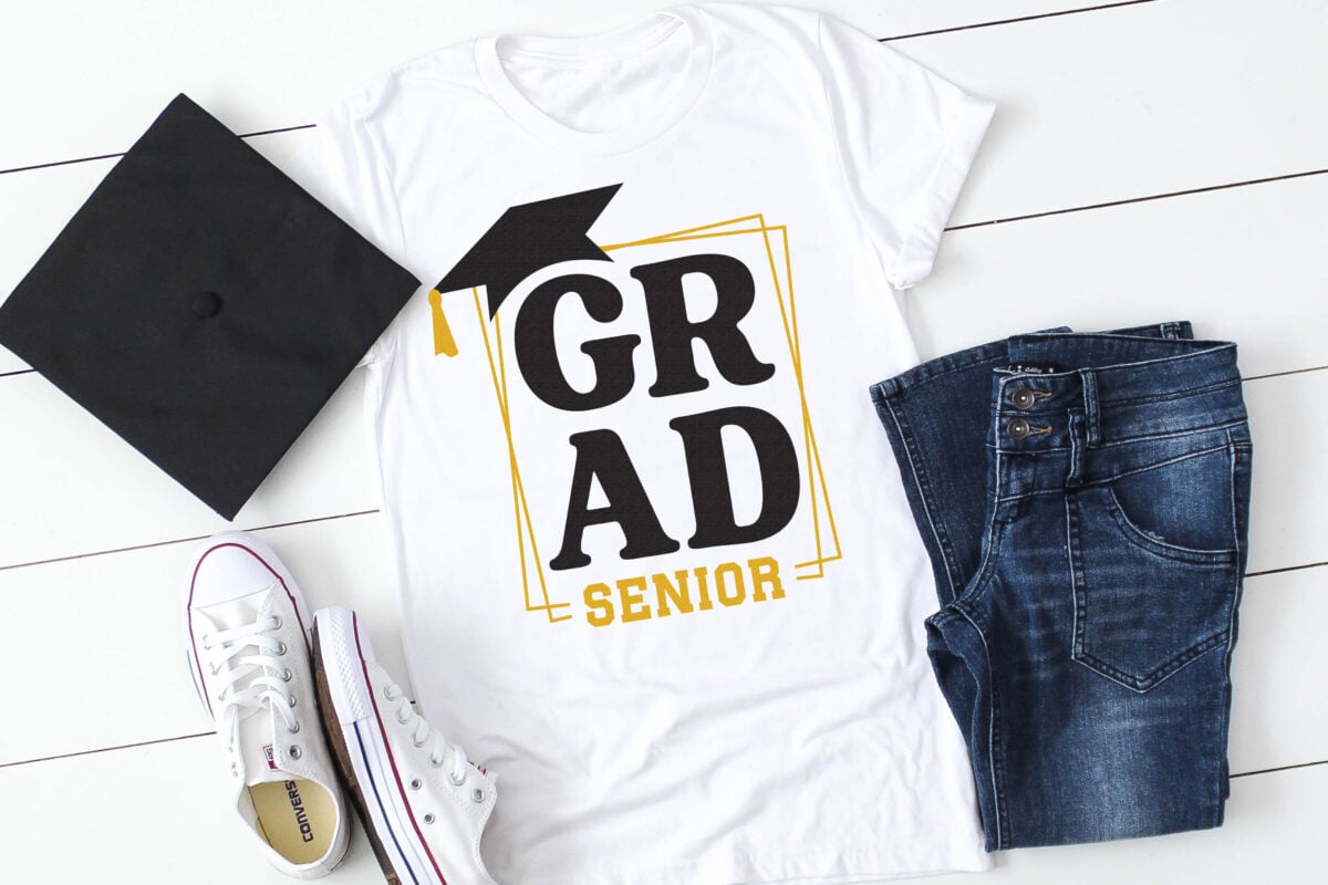 Grad Senior SVG on a white tee with a graduation hat