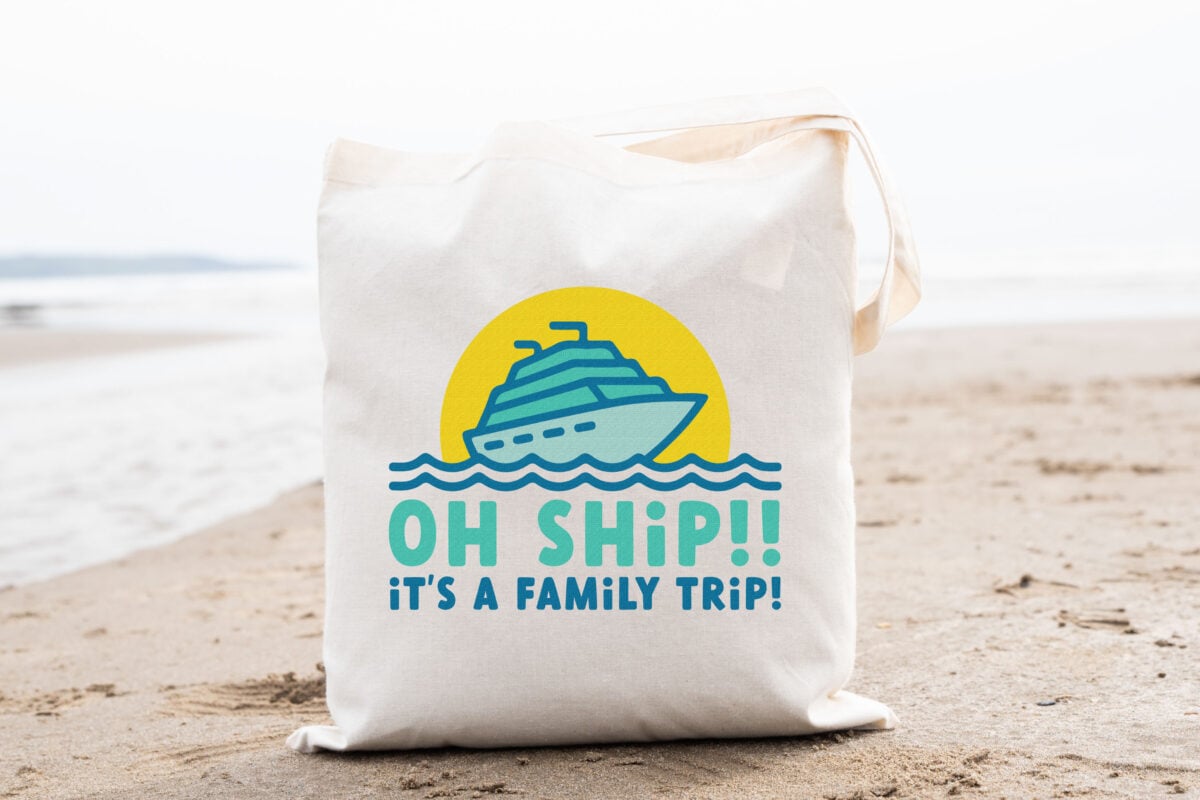 Free Family Cruise SVG on a tote sitting on the beach