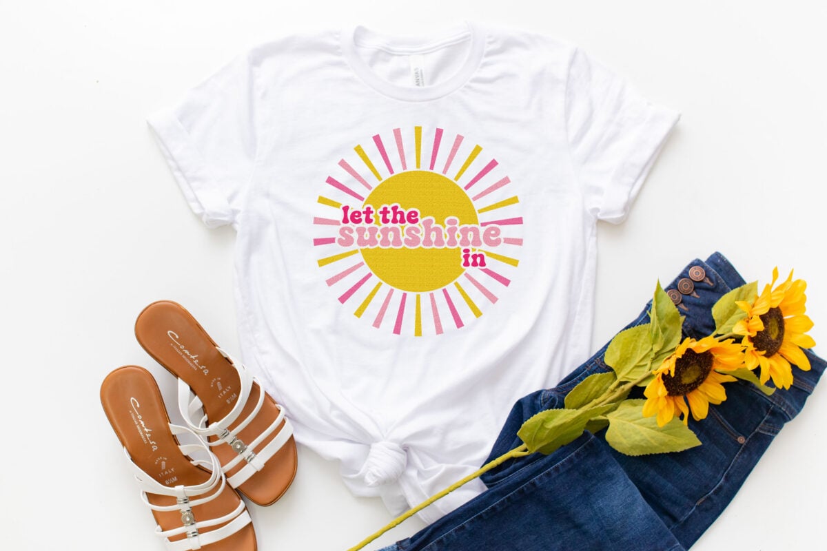 Free sunshine sublimation image on a white tee with sunflowers