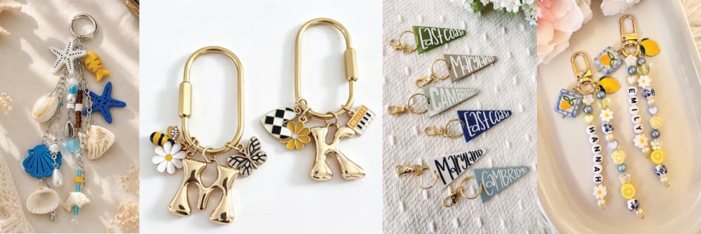 Collage of products featuring bag charms