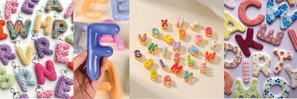 Collage of bubble letter charms