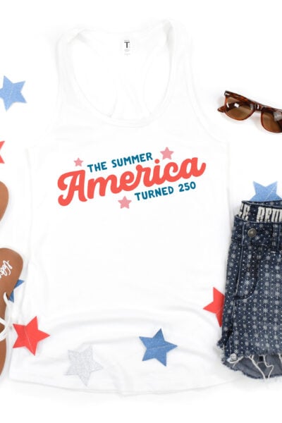 America 250 SVG on a white tank with sparkly stars