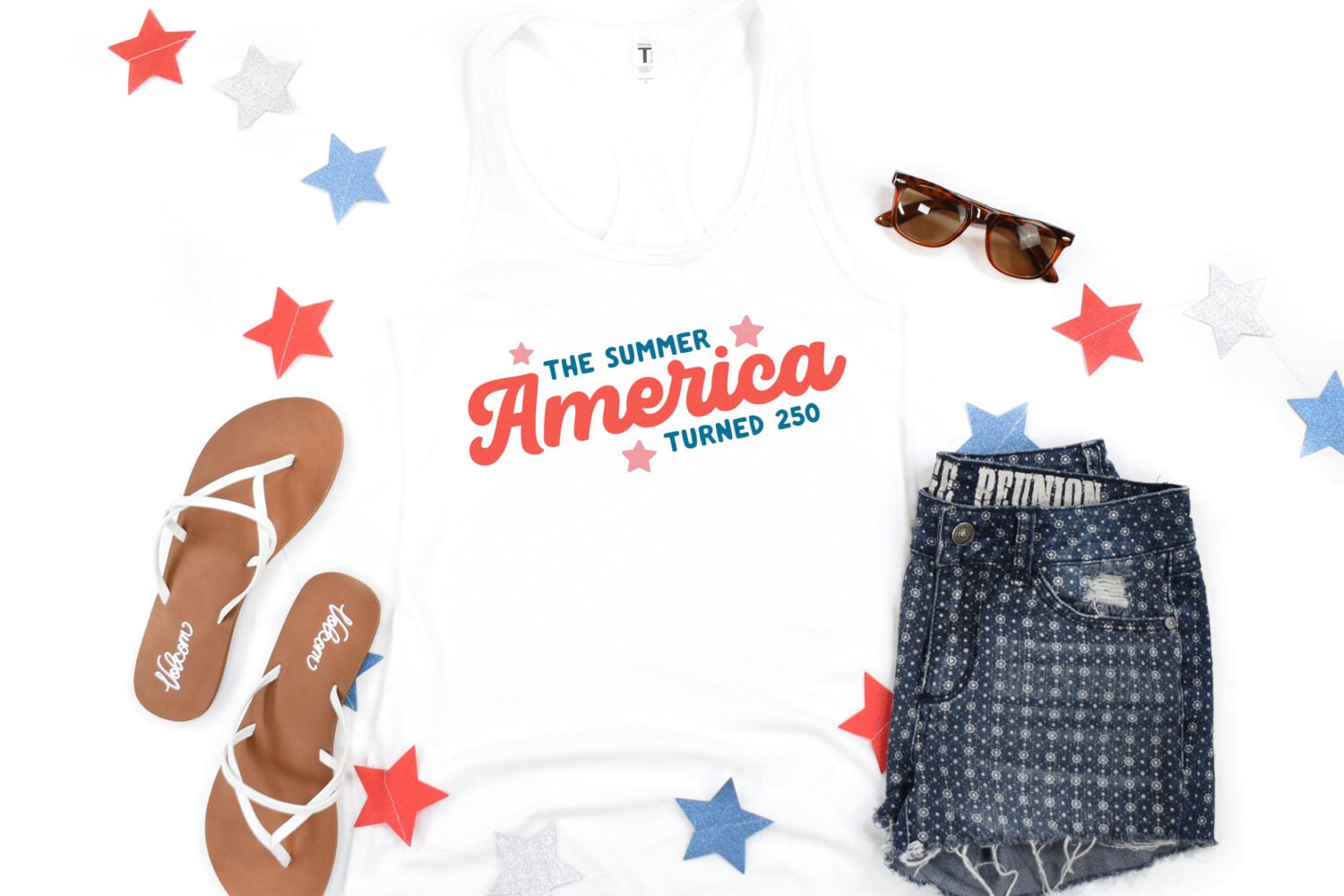 America 250 SVG on a white tank with sparkly stars