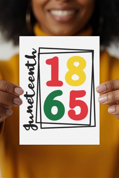 Free Juneteenth SVG on a card being held by a Black woman