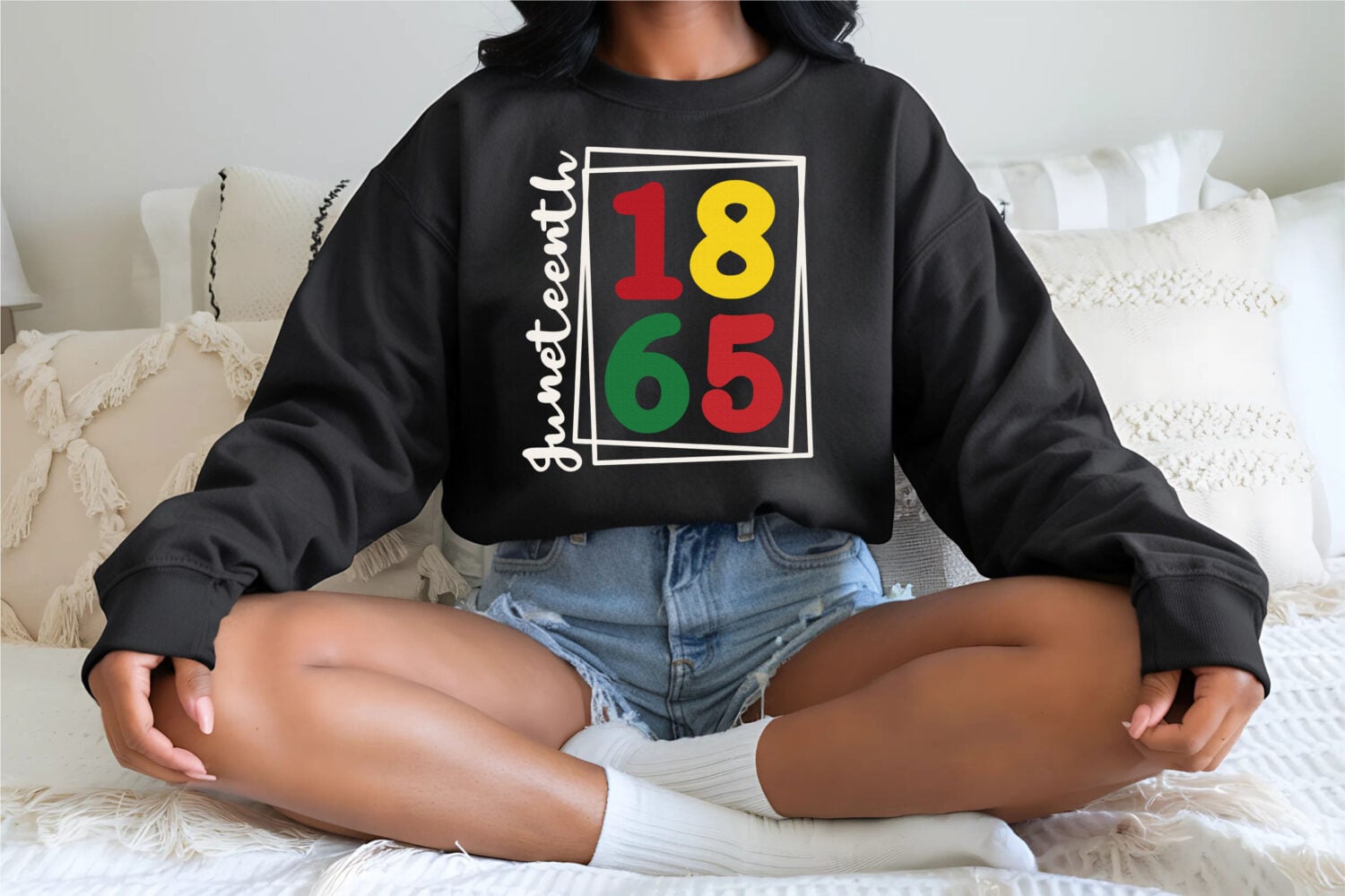 Free Juneteenth SVG on a black shirt being worn by a Black woman