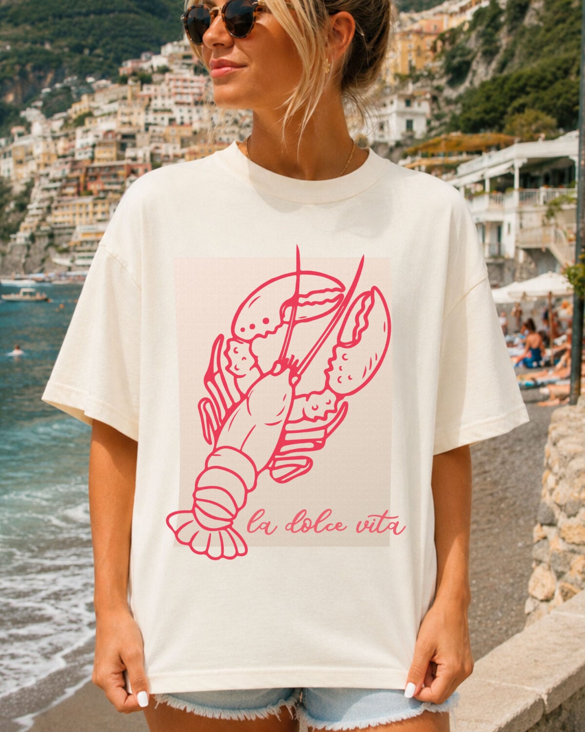 La Dolce Vida sublimation image on a shirt, worn by a woman in Italy