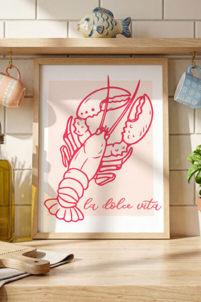 La Dolce Vida sublimation image in a frame in a kitchen with pasta and basil