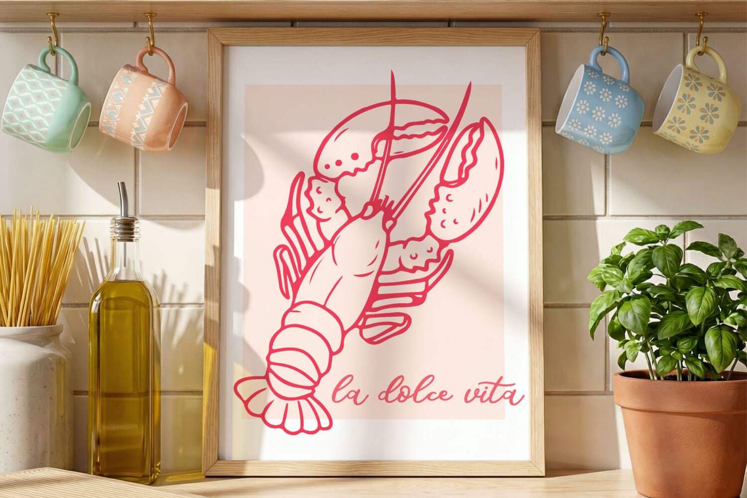 La Dolce Vida sublimation image in a frame in a kitchen with pasta and basil
