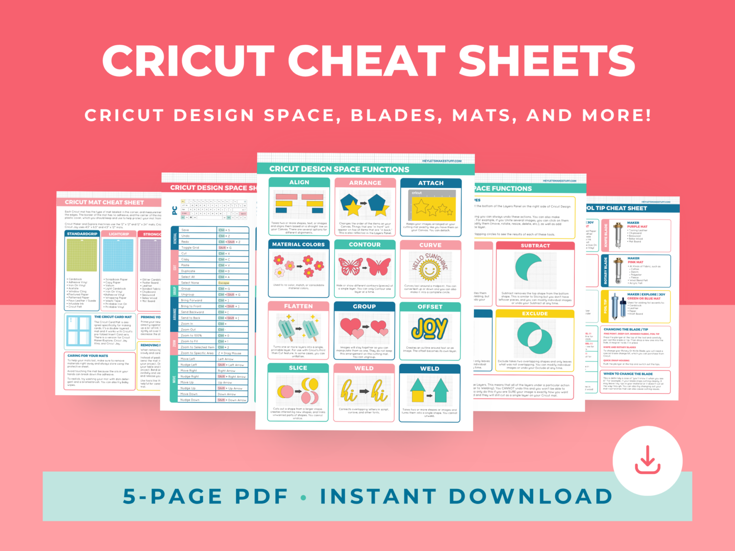Cricut Cheat Sheets listing image with screenshots of the cheat sheets